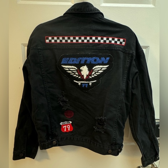 Distressed Denim Patchwork Jean Jacket Small Unisex Streetwear VTG Retro Black - Picture 13 of 16